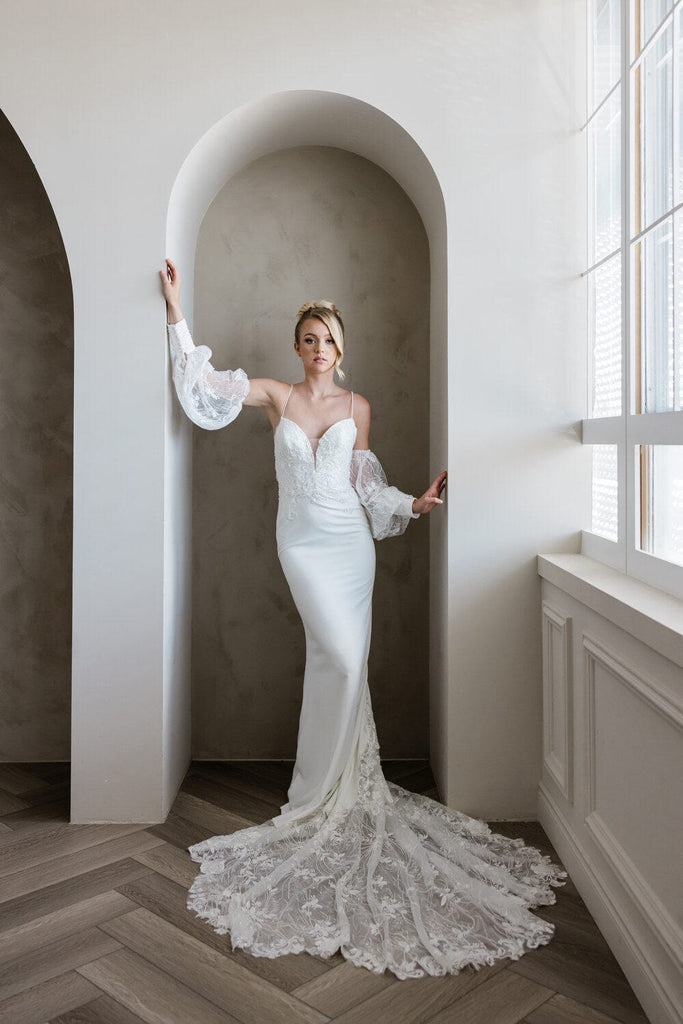 The Pristine Wedding Bridal Satin Long Sleeves Gown – WeddingConfetti